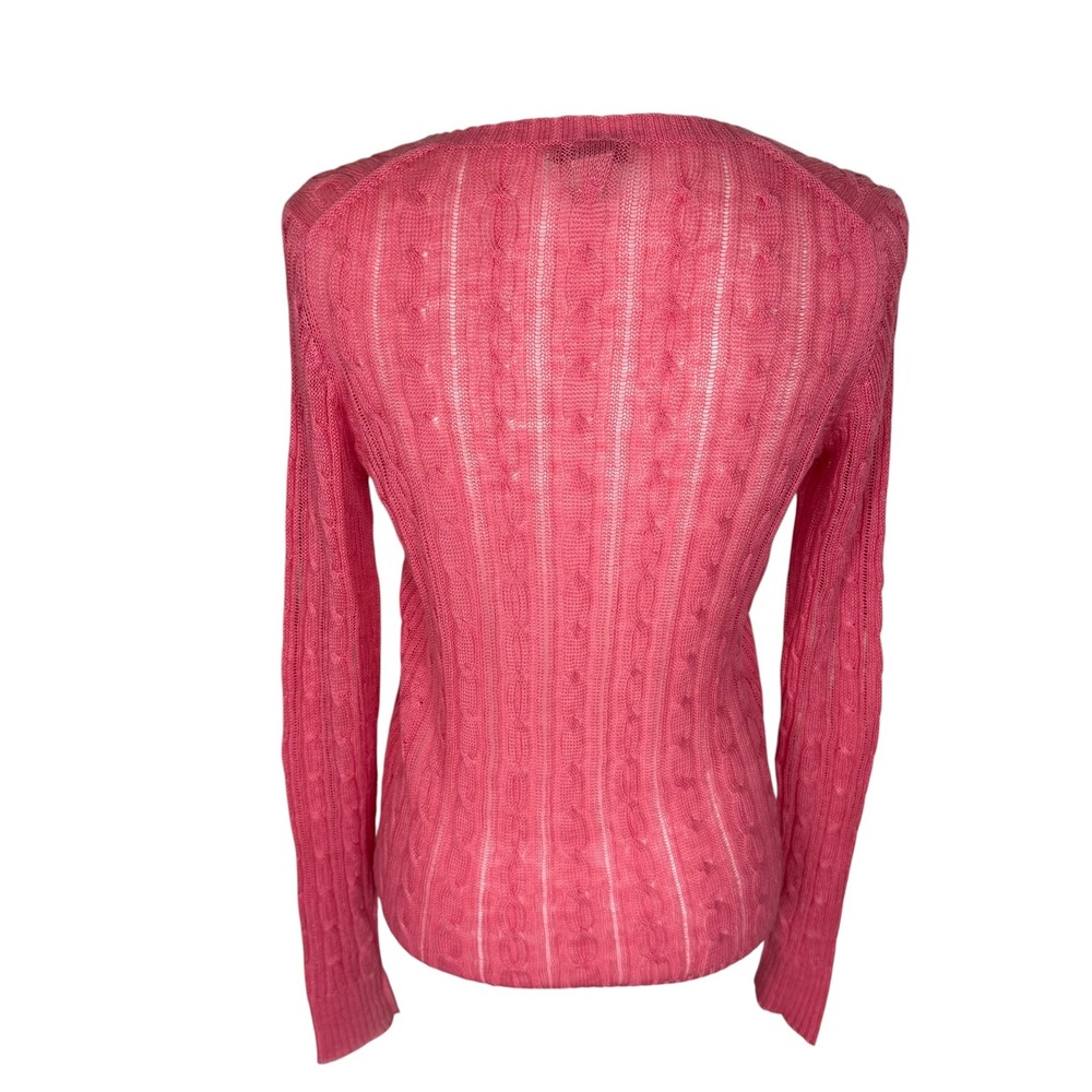 White + Warren Pink 100% Linen Cable Knit V-Neck Sweater Womens Small - Picture 2 of 6